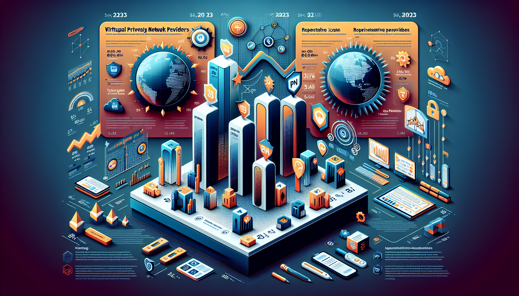 Prompt: Create an image showing a comparative chart of the best VPNs for PC in 2023. The chart should include logos or icons of the top VPN providers, alongside ratings and bullet points summarizing key features, pros, and cons of each VPN. The background should feature a sleek, modern design with a subtle tech-themed motif. Incorporate elements like a world map, electronic devices, and security symbols to reflect the global and secure nature of VPN services.