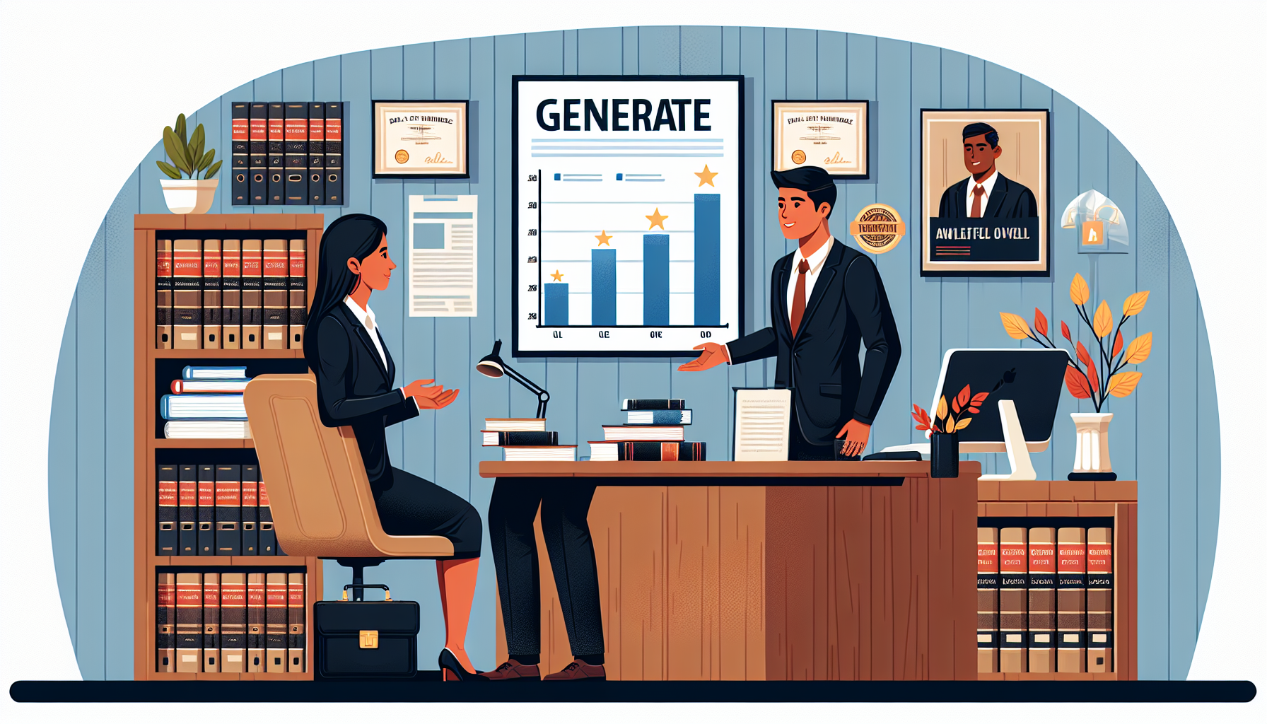 Prompt: Create an image depicting a knowledgeable and approachable fall injury lawyer in an office setting, surrounded by legal books, case files, and a laptop displaying statistics on successful case outcomes. The lawyer is engaged in a conversation with a client, illustrating excellent communication skills. The office is adorned with certificates and awards showcasing the lawyer’s relevant experience and success in the field of fall injury cases. A subtle background poster highlights positive client testimonials, adding an air of trust and reliability.