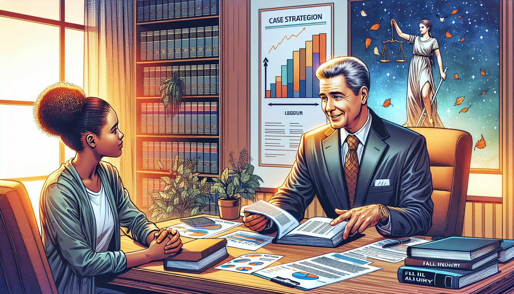 An insightful consultation setting where a client is interviewing a potential fall hiring lawyer in a professional office. The lawyer, a confident middle-aged Caucasian male, is explaining case strategies using charts and legal books, while the client, a thoughtful young African-American female, takes notes. The room is filled with legal documents and fall injury case files, exuding an aura of serious, focused legal inquiry.