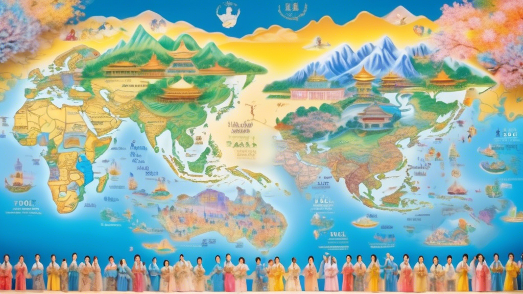 Create an image featuring a world map with marked locations and dates of Shen Yun 2023’s international tour. In the foreground, depict diverse audiences from various countries in traditional attire, expressing joy and awe as they watch a vibrant Shen Yun performance on stage. The stage should have traditional Chinese elements, including colorful costumes and elaborate backdrops, emphasizing the global reach and cultural impact of the show. Keywords: Shen Yun 2023, international tour, global impact, traditional Chinese culture.