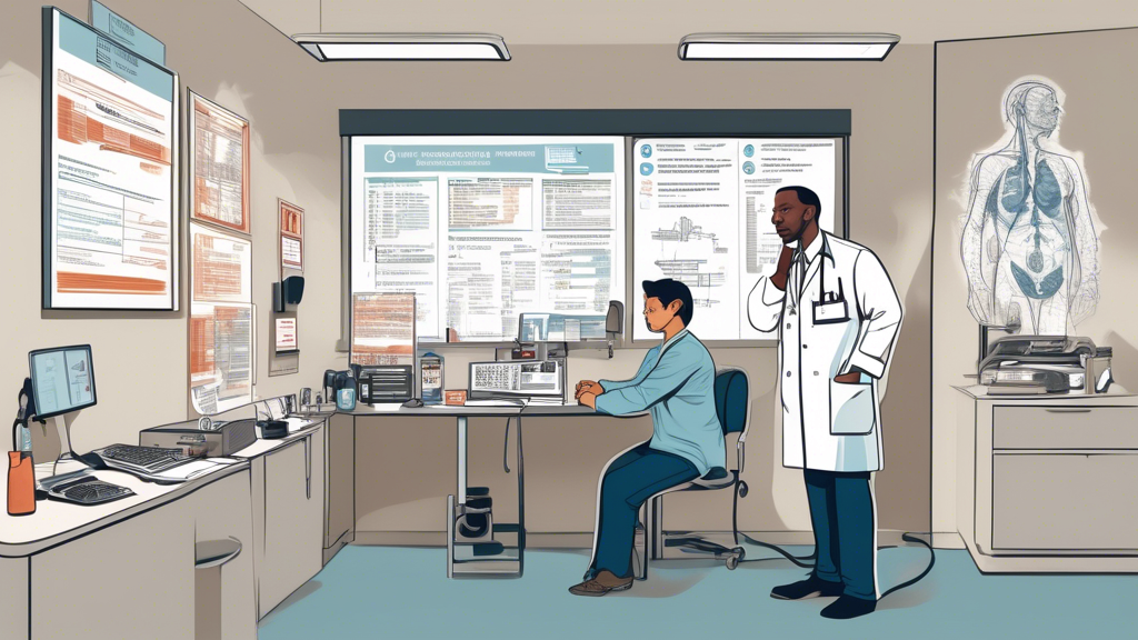 A friendly doctor in a well-lit examination room conducting a DMV physical for a commercial truck driver. The driver sits comfortably as the doctor checks his blood pressure. On the wall, a chart outlines the different parts of the DMV physical examination process. In the background, a nurse organizes medical tools, and a window shows a parking lot filled with various commercial vehicles. An informative banner at the bottom explains what happens during and after the DMV physical, addressing common concerns and detailing next steps depending on the results.