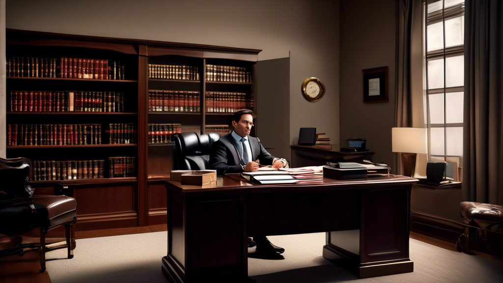 Create an image of a professional office scene where an individual is sitting across from a lawyer at a desk. The setting should appear serious yet approachable, with both parties engaged in conversation. On the desk, have visible items like legal documents, a notepad, and a coffee cup. Add subtle elements like a diploma on the wall and a bookshelf filled with legal books in the background. The image should capture an atmosphere of professionalism and inquiry, representing the scenario when asking questions about legal fees, payment structures, communication, and case strategy.

Prompt: A professional office setting where a person consults with a lawyer, both engaged in a serious yet approachable conversation. The desk features legal documents, a notepad, and a coffee cup, with a diploma on the wall and a bookshelf filled with legal books in the background. The scene conveys the atmosphere of discussing legal fees, communication, and case strategy with the best accident lawyer.
