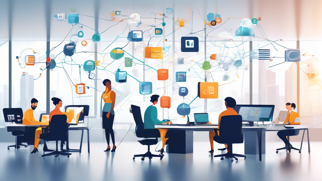 Create an image that depicts a modern office environment where various team members seamlessly collaborate using different applications. Visualize connections and integrations between diverse software tools (like CRM, project management, email marketing, and accounting software) through an interconnected cloud platform. Highlight the concept of efficiency and productivity with smooth workflows, automated processes, and satisfied employees working effortlessly.