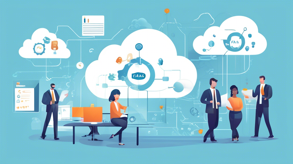 Prompt: Create an image depicting the cost-saving and flexible benefits of iPaaS (Integration Platform as a Service) for businesses. Illustrate a dynamic business environment where modern, scalable cloud-based systems replace traditional, siloed integration methods. Include visual elements such as a declining graph showing reduced costs, scalable infrastructure, and happy business professionals working seamlessly across interconnected applications. Use a mix of flat design icons and realistic elements to highlight case studies and practical examples of companies benefiting from iPaaS efficiencies.