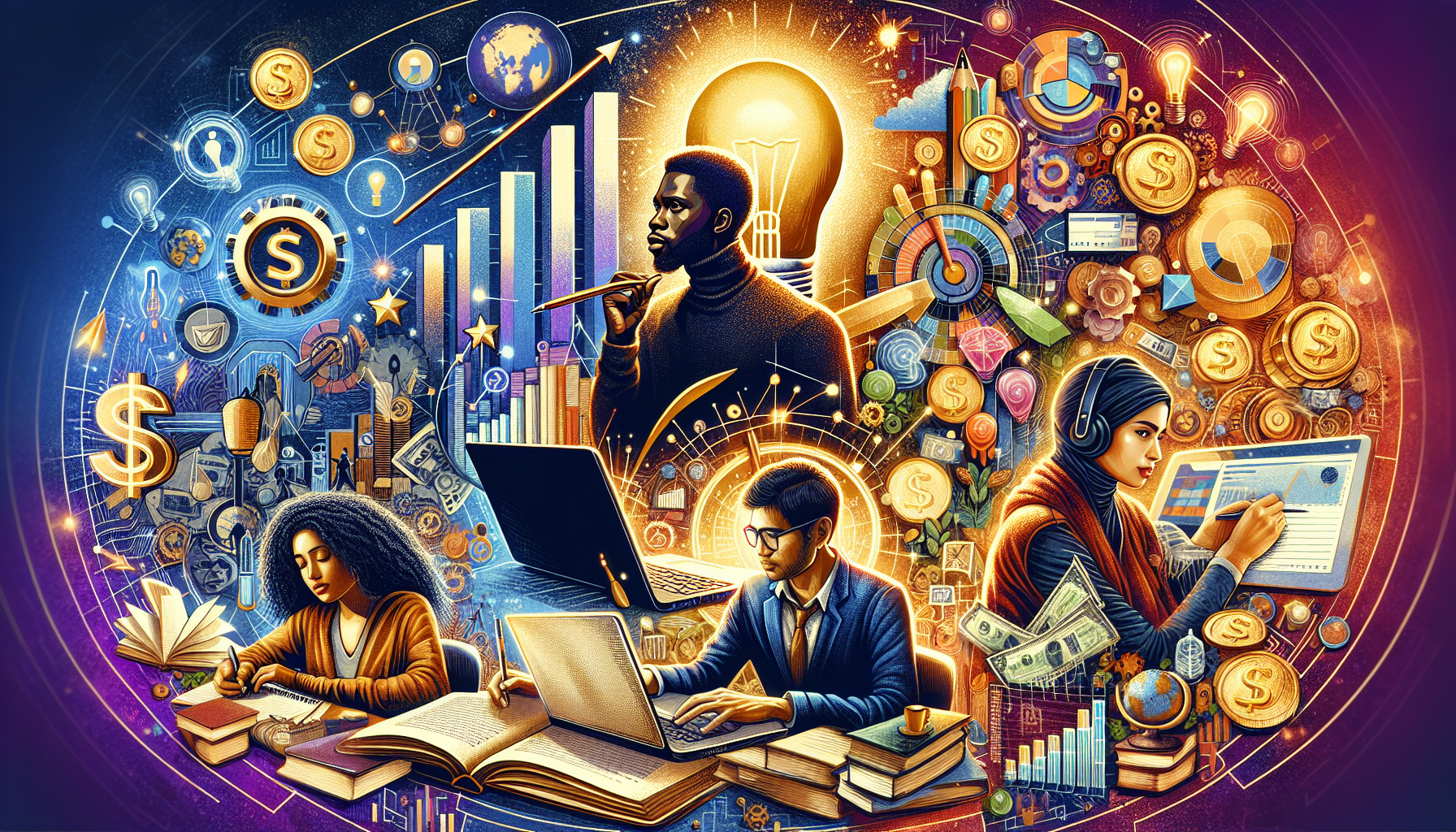 A vibrant digital collage featuring a freelance writer at a laptop, affiliate marketer analyzing a chart, and an online tutor teaching on a video call. Surround the main subjects with icons like a pen, dollar signs, marketing graphs, books, and a calendar to symbolize the diverse opportunities in online side hustles for 2022.