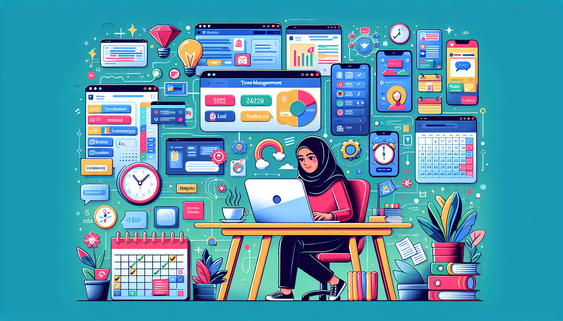 Create an image of a modern workspace that features various tools and resources for productivity, depicting a person successfully managing their online side hustle in 2022. Show multiple screens displaying time management apps, online communication tools, and project management software. Include elements like a calendar, a desk with organized notes, and a coffee cup to evoke a sense of productivity and balance. Highlight a feeling of efficiency and scalability, representing the tips for successfully managing an online side hustle.