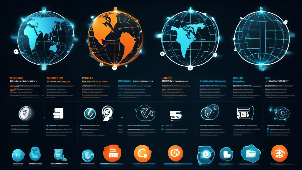 Create a detailed comparison infographic of top VPN service providers. Include icons for speed, security, compatibility, and user reviews. Show price plans and ratings for each provider, along with user testimonials illustrated as speech bubbles. The background should be a globe made of digital grid lines, indicating global connectivity and internet security.