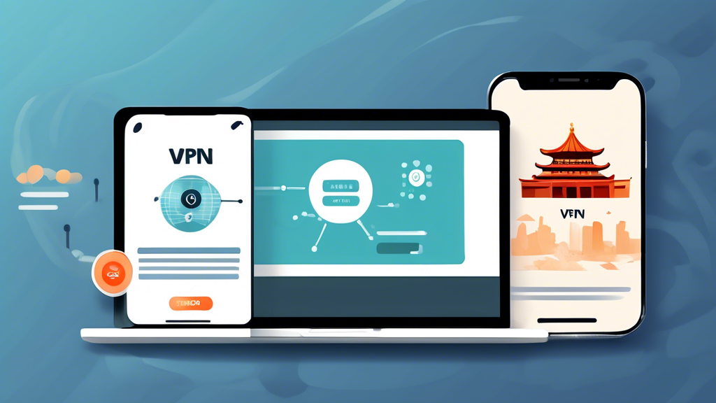 Create an image of three different VPN interface screenshots shown on a laptop and a smartphone. Each VPN interface should be labeled 