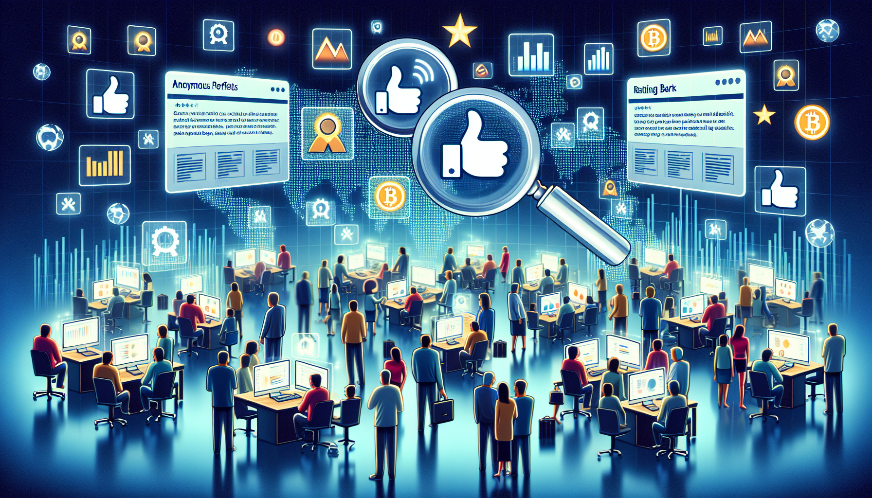 A bustling online forum scene showing a diverse group of users (clear but anonymous profiles) engaged in lively discussion, rating and reviewing various crypto brokers. In the background, computer screens display charts and graphs, emphasizing an analytic and detailed approach. Visual elements include thumbs-up, thumbs-down, stars, and rating bars, depicting the importance of positive reviews and healthy ratings. A magnifying glass hovering over a well-rated broker exemplifies careful scrutiny and informed decision-making. The environment feels digital, modern, and trustworthy.
