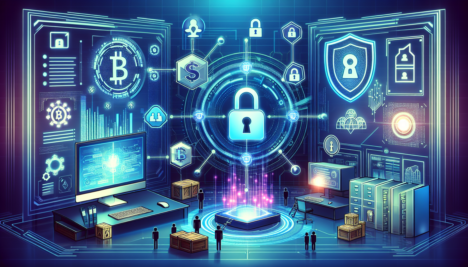 Create an image highlighting the crucial aspect of safety and security in choosing a crypto broker. The scene should feature a digital, high-tech environment with symbols of security like padlocks, shields, and two-factor authentication icons. Include elements such as holographic charts, secure vaults, and encrypted codes to emphasize protection against hacking and investment insurance. The overall mood should represent confidence and assurance, depicting why security should be a top priority for crypto investors.

Prompt for DALL-E:
Create an image of a high-tech digital environment where the focus is on the security measures of a crypto broker. Include detailed icons of padlocks, shields, and two-factor authentication symbols. Display holographic charts, secure vaults, and encrypted codes for added emphasis on safety. The scene should evoke a sense of confidence and protection, highlighting the importance of security in safeguarding crypto investments.