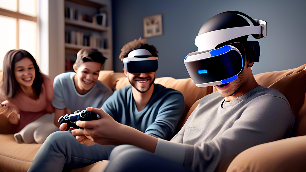 Create an image that illustrates the accessibility and affordability of the PSVR headset. Show a diverse group of people, including different ages and backgrounds, enjoying gaming together in a cozy living room setting. Highlight the PSVR headset in a central position, with its user-friendly design and price point, making VR gaming feel approachable and easy to set up. Include elements like smiling faces, the gaming console, and a visible collection of game titles showcasing backward compatibility.