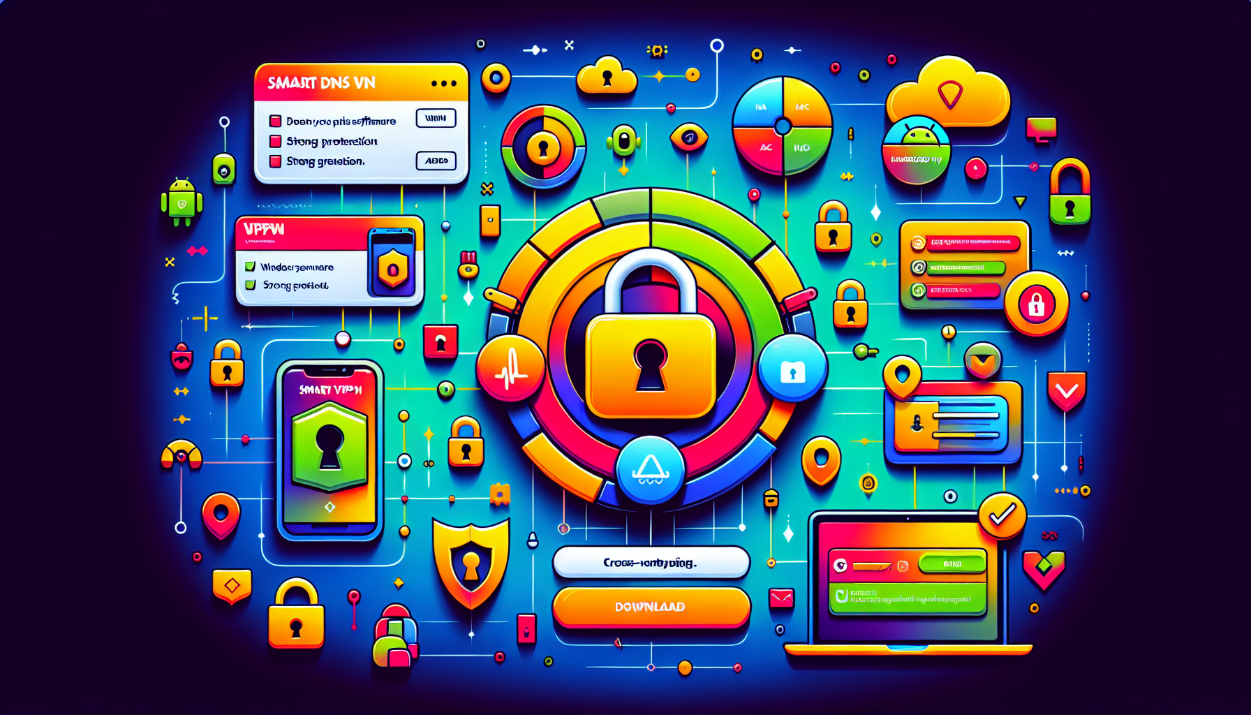 Prompt: An illustration of a user-friendly interface showing the process of downloading a Smart DNS VPN software. The screen displays options for different devices including Windows, Mac, Android, and iOS, along with a checklist for ensuring the software