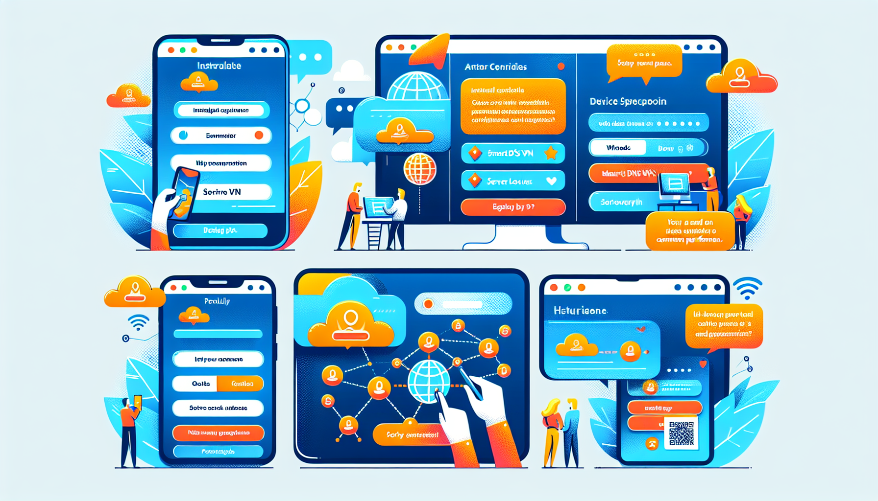 An illustration of a user-friendly interface guiding through the installation and configuration process of a Smart DNS VPN on various devices (Windows PC, Mac, smartphone). Show step-by-step visuals of setting up the Smart DNS VPN settings, including entering necessary credentials, selecting server locations, and configuring device-specific settings. Include speech or thought bubbles with troubleshooting tips and optimization advice to ensure maximum performance.