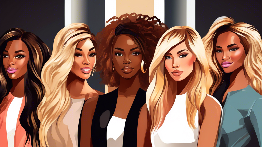 Create an image showcasing a group of diverse women each displaying stunning hairstyles featuring black, brown, and blonde highlights. The women have layered haircuts, balayage, ombre styles, and bold streaks, highlighting the variety and creativity of multi-tone highlights. The background is a modern, upscale salon with mirrors and stylish decor.