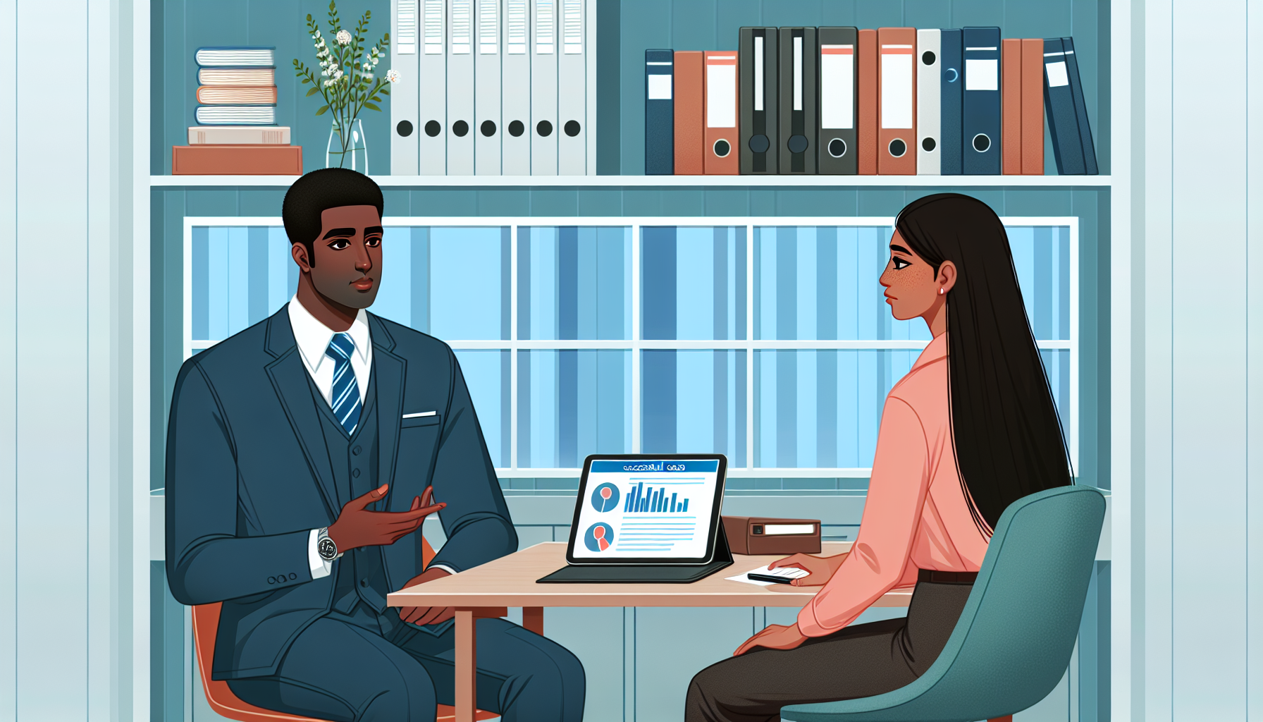 An office consultation room setting with a potential client in a business casual outfit sitting across the table from a confident WC attorney. The lawyer, displaying a calm demeanor, holds a tablet with successful case statistics, while client folders and legal books are visible on the shelves behind. Both are engaged in a serious discussion, emphasizing the process of evaluating the attorney