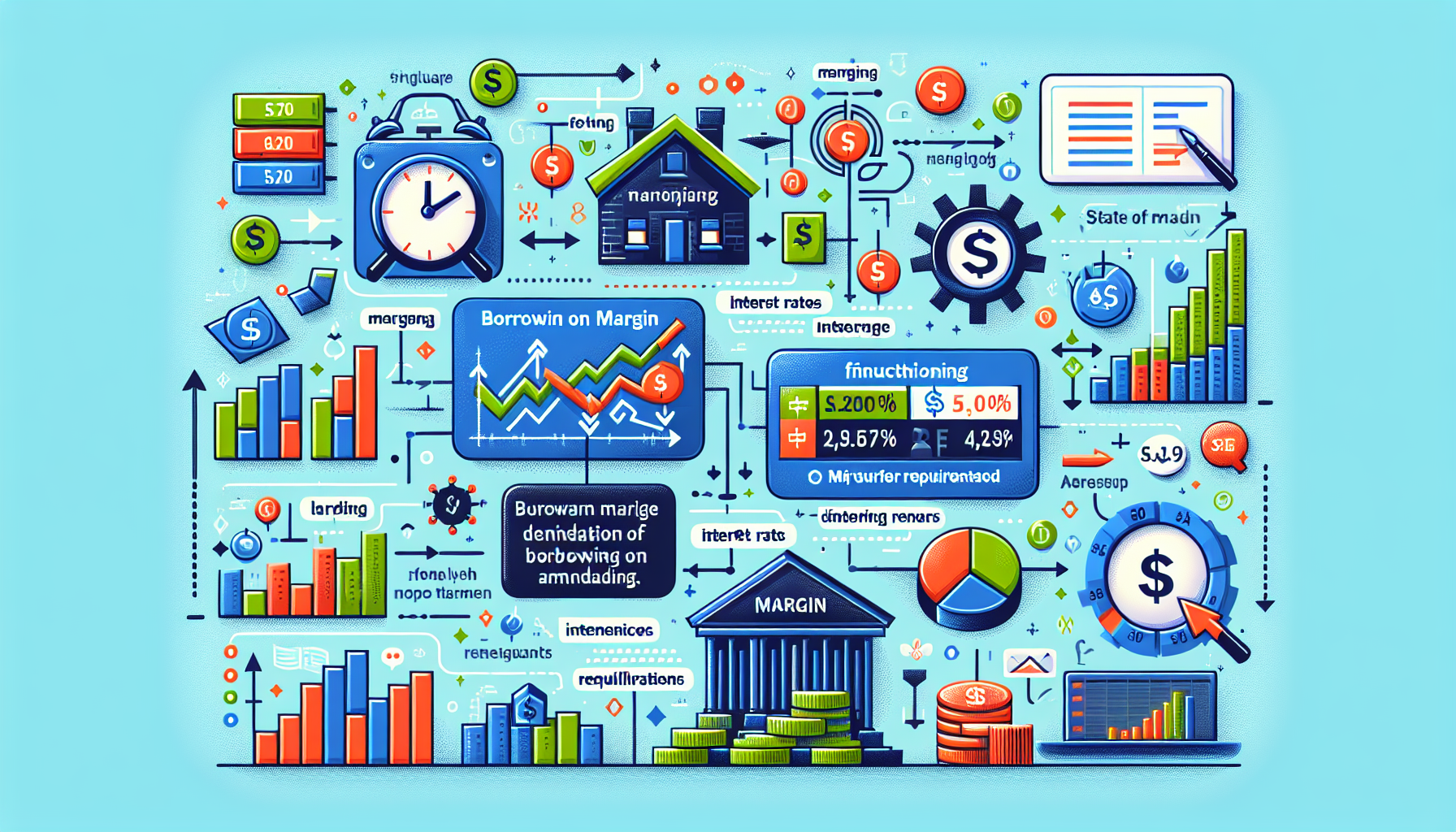 Create a detailed illustration showing the mechanics of Schwab margin accounts, including a step-by-step visualization of the process of borrowing on margin. Include elements like interest rates, margin requirements, and examples of margin trading in action. Depict both the advantages and the potential pitfalls to provide a comprehensive understanding.