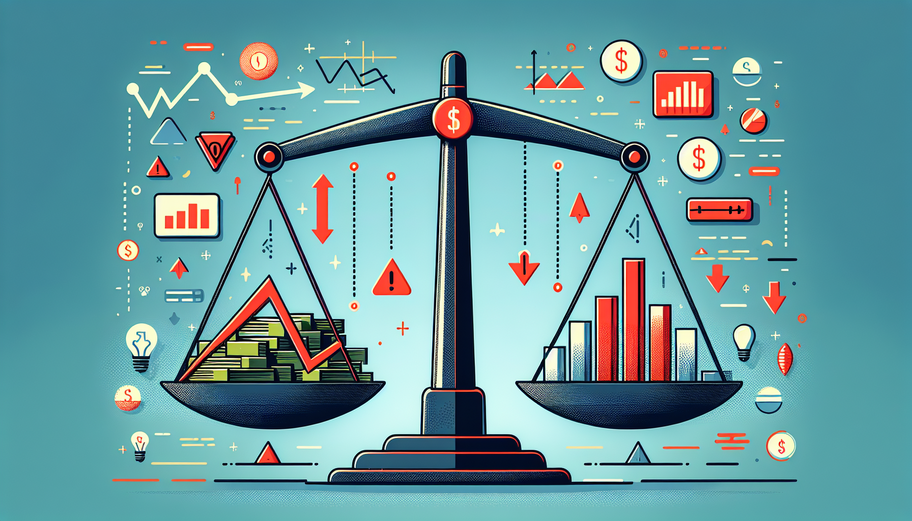 An illustration of a balancing scale symbolizing the risks and rewards of Schwab Margin Accounts. On one side of the scale, depict a pile of money and growth charts to represent potential benefits. On the other side, show warning signs and downward arrows to indicate risks. The background should include subtle financial icons and the Schwab logo.