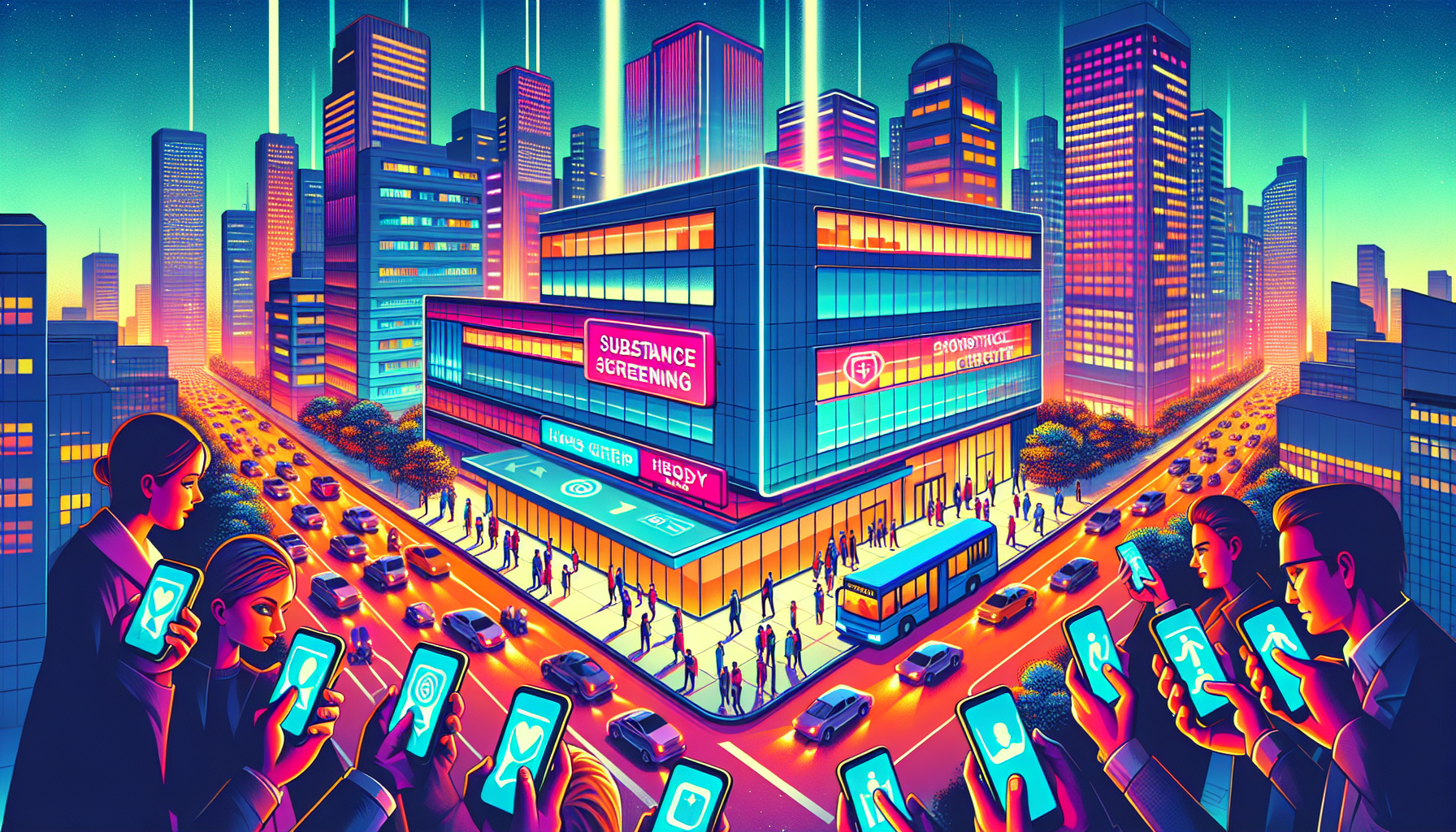 DALL-E prompt: Create an image of a busy urban scene outside a brightly lit, modern medical clinic showing a diverse group of people checking a mobile app against a digital map displayed on their phones. Include visible signs for different medical services such as 