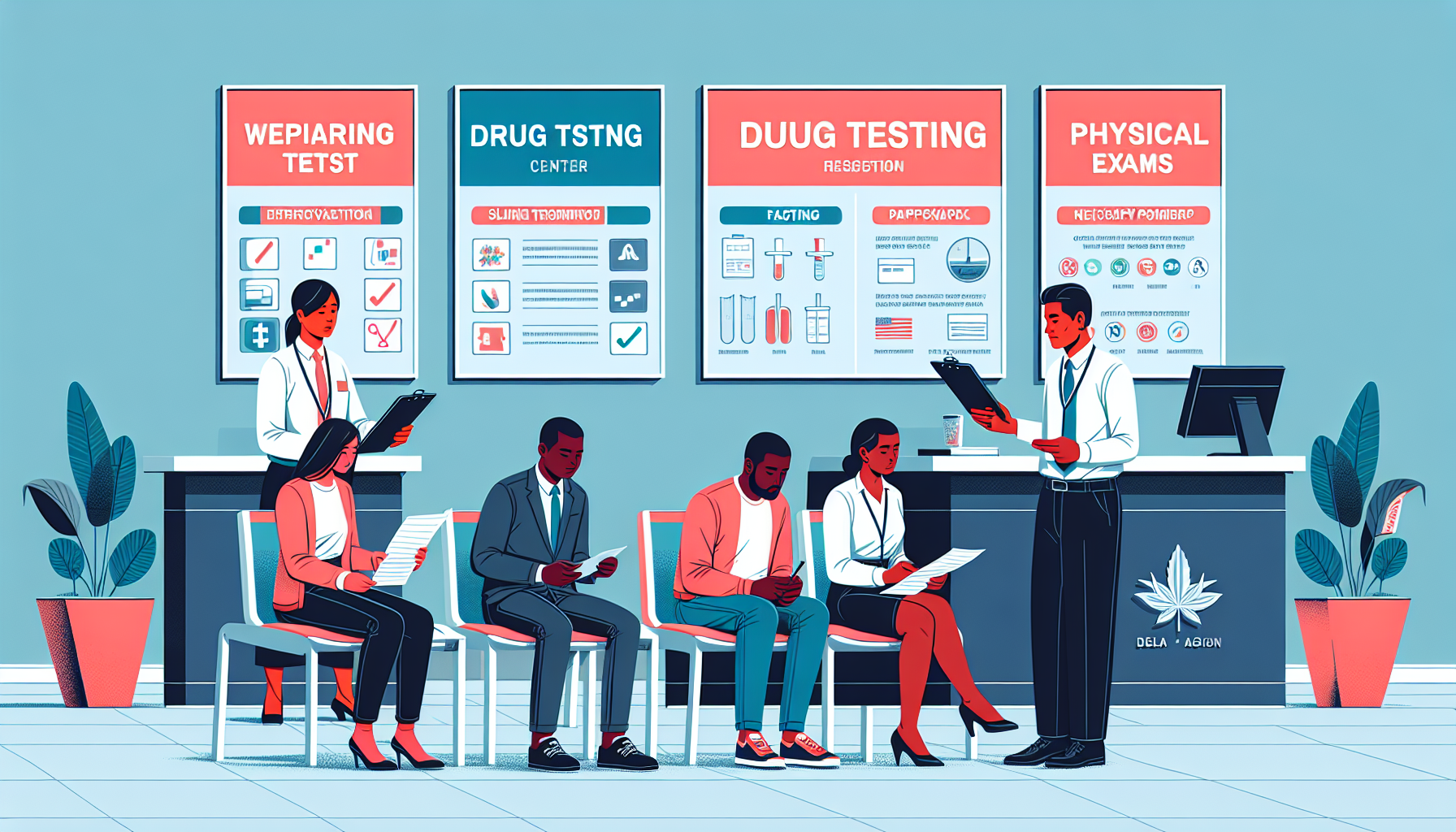 Detailed illustration of a diverse group of people patiently waiting in the modern waiting room of a drug test and physical examination center, showcasing individuals filling out forms while a receptionist provides information and guidance. Highlight on informative posters on the wall about preparing for tests, such as fasting recommendations and necessary documents.