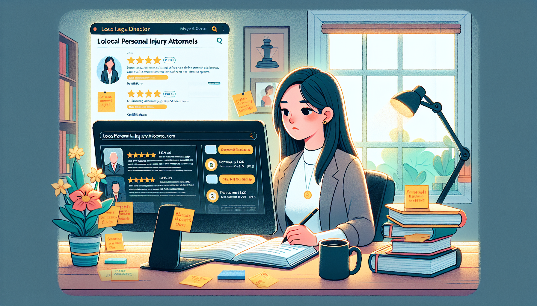Prompt: A person sitting at a computer in a cozy, well-lit home office, browsing through a local law directory website while taking notes. Beside them, there are open books about personal injury law and post-it notes with written referrals from friends and family. On the screen, a list of top-rated local injury accident lawyers with visible star ratings, reviews, and credentials. A nearby coffee mug and a calm, focused expression on the person