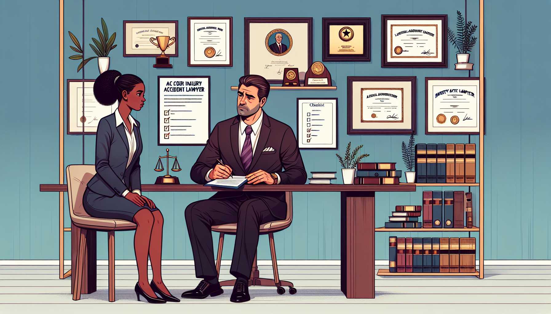 DALL-E prompt: Illustrate a scene in a professional office setting where a potential client is meeting with a distinguished injury accident lawyer. The room is tastefully decorated with legal books, diplomas, and awards. The lawyer, a middle-aged Caucasian man in a tailored suit, is attentively listening and taking notes while a young African American woman, the client, is describing her case using documents and photographs. On the table, a checklist labeled 