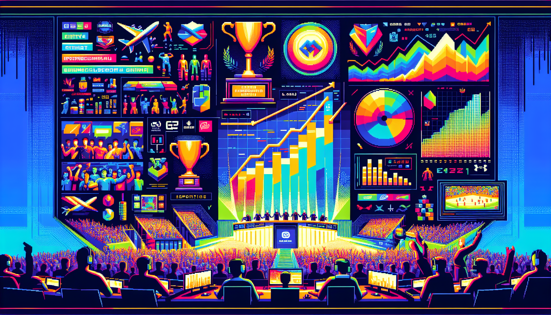 Create an image illustrating the economic impact of e-sports games, focusing on revenue growth and job opportunities. The image should include dynamic visuals such as graphs showing financial growth, banners of major sponsorship logos, merchandise, and a bustling e-sports event arena with an enthusiastic crowd. Incorporate elements like trophy ceremonies, professional gamers in action, commentators, and coaches to highlight the diverse career opportunities in the industry.