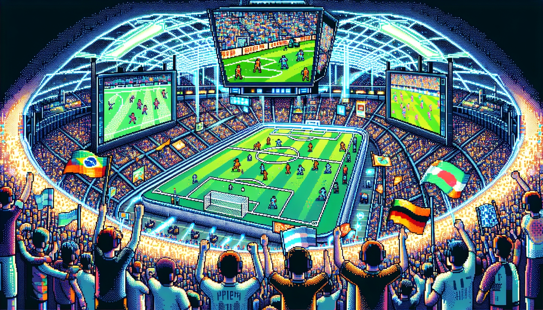 Create an intricate image showing a futuristic stadium seamlessly blending traditional sports with e-sports. The scene should illustrate a packed audience cheering as holographic displays show both a traditional soccer game and an intense e-sports competition side by side. Integrate elements of VR and AI with players wearing advanced headsets and AI commentators providing real-time analysis. Highlight global diversity in the audience, showcasing flags and fans from different countries to signify international appeal. Use vibrant colors and dynamic lighting to emphasize the excitement and energy of this new era in competitive gaming.