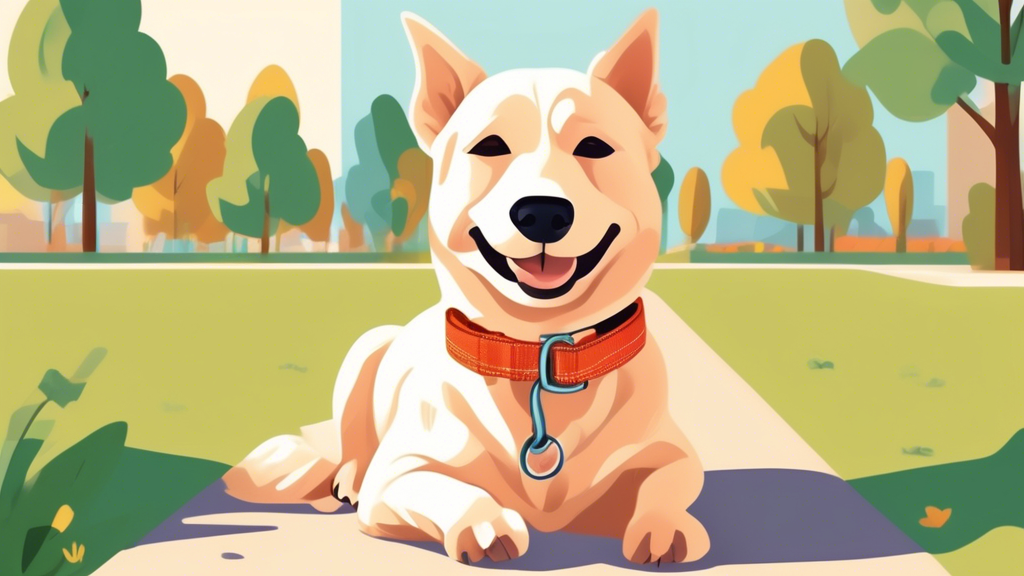 Generate an illustration depicting a happy dog wearing a rope dog collar. The dog appears comfortable and content as it plays in a safe, open park environment. The rope dog collar should be strong and durable, highlighting its safety features and the comfort it provides for the dog. Include subtle visual elements that imply the collar’s role in preventing injuries, such as soft padding and secure fastenings. The background should be a bright, sunny day, emphasizing a positive and healthy experience for the dog.