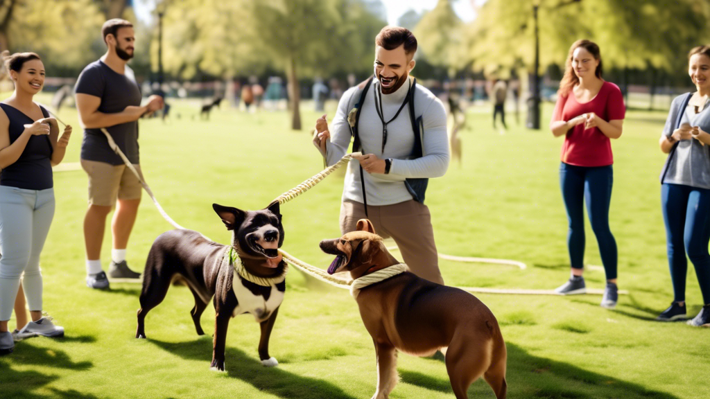 An image showing a happy dog in a park, wearing a stylish rope dog collar while performing a training exercise with its owner. To the side, a dog trainer holds a different rope dog collar, smiling and explaining its benefits to a small group of attentive dog owners. In the background, other dogs and their owners can be seen participating in training activities, all using similar rope dog collars. The scene is vibrant and lively, emphasizing effective training and behavioral improvements facilitated by the rope dog collar.