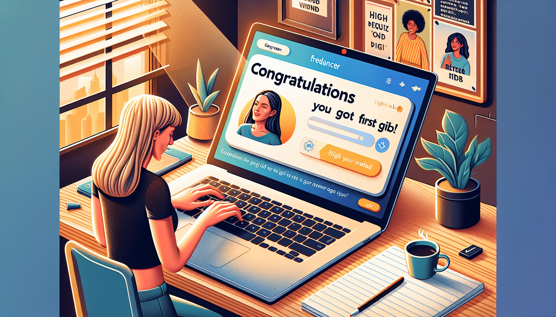 **DALL-E Prompt:**

Create an image depicting a person setting up a freelance profile on a laptop. The scene should include elements like a 