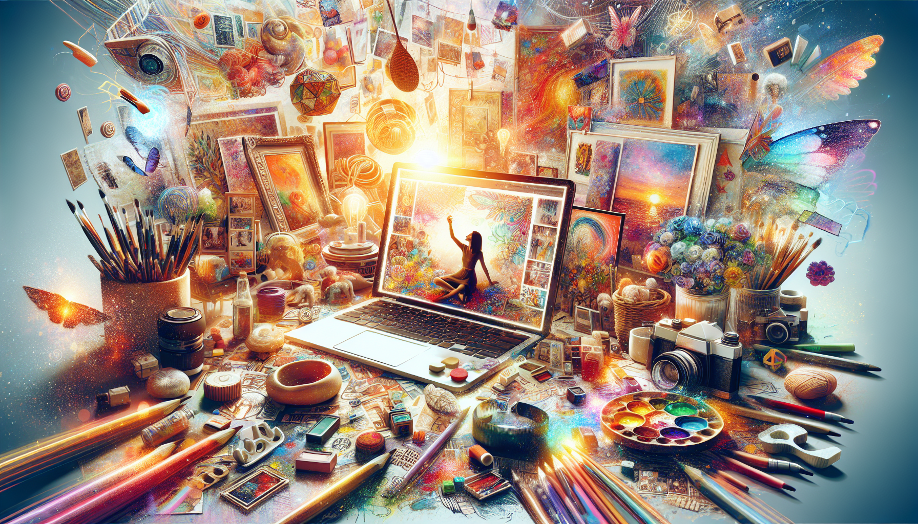 **DALL-E Prompt:**

Generate an image depicting a colorful, creative workspace filled with art supplies, handmade crafts, and photography equipment. Show an artist working passionately, surrounded by their works - paintings, pottery, and printed photographs - with elements that highlight the process of making and marketing their creations. Include a laptop displaying an online store page to emphasize the monetization of hobbies. The setting should be inspiring and vibrant, reflecting the idea of turning artistic skills into profitable ventures.