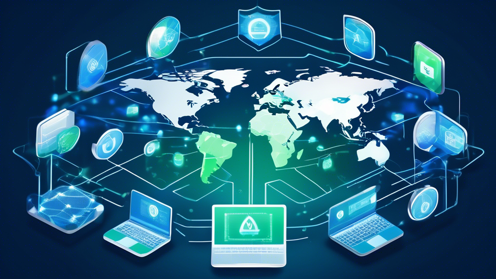 Create an image of various icons representing VPN shields connected to various devices like smartphones, laptops, and tablets, all enveloped in a digital mesh with signals emphasizing security. In the background, include a globe subtly showing different country flags to signify access to global content. The overall palette should feel secure and trustworthy with tones of blue and green.