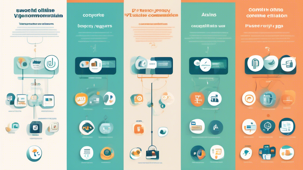 An insightful comparison chart featuring various online privacy tools, such as VPNs, password managers, and end-to-end encrypted communication apps. The chart should highlight critical factors like ease of use, compatibility, cost, performance, and trustworthiness. Around the chart, include visual icons or illustrations depicting secure online activities to emphasize the importance of integrating these tools into daily online practices.