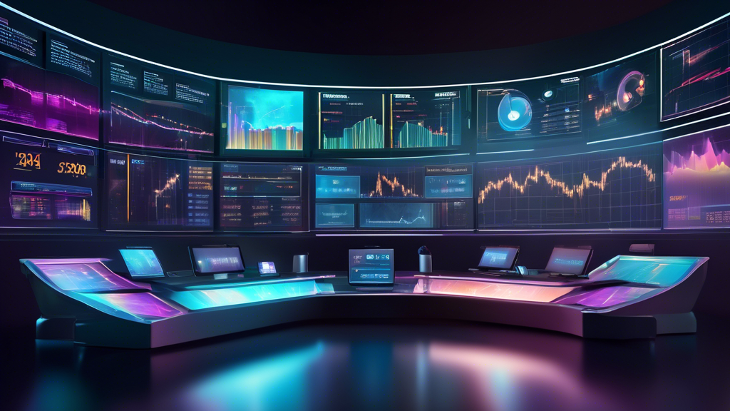 Create an image of a sleek, futuristic virtual trading desk with multiple holographic screens displaying charts and graphs. Each screen should represent different dimensions for comparing automated crypto trading platforms in 2023, including fee structures, user features, and review summaries. The background should include subtle visuals of popular cryptocurrencies like Bitcoin and Ethereum to hint at the crypto aspect. Use a modern, tech-savvy aesthetic with a clean, organized layout to emphasize ease of user experience.