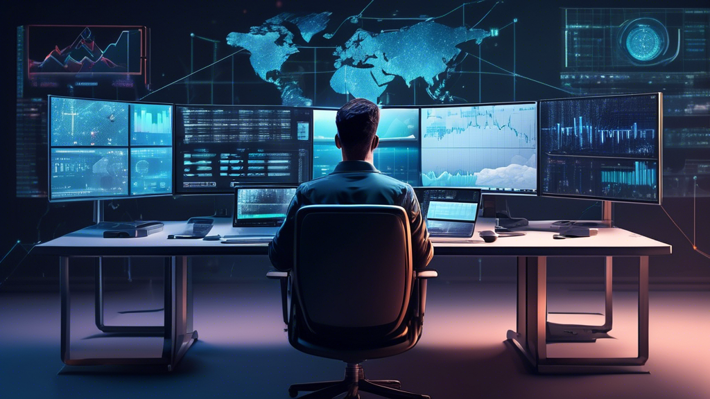 Create an image that shows a person sitting at a desk with multiple monitors displaying cryptocurrency charts and trading platforms. The person is thoughtfully analyzing their screens, while checklists labeled Security Measures, Customer Support, Trading Goals, and Experience Level are spread out on the desk. Include subtle elements of futuristic design to indicate advanced technology, such as holographic interfaces and sleek, modern computer setups. The background should depict a high-tech home office or a trading room.