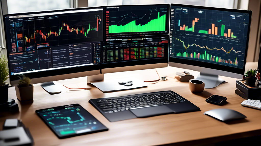 Create an image that features various elements of crypto futures trading strategies for DALL-E. The image should depict a desk setup with multiple monitors displaying different trading charts. Highlight graphs showing both basic and advanced trading strategies like directional trading, hedging, futures spreads, and arbitrage. Include educational tools such as books on trading, a notepad with strategy notes, and financial calculators. Emphasize the cryptocurrency aspect by featuring logos like Bitcoin and Ethereum on the charts. The overall vibe should be professional and focused, with a clear representation of the complexity and depth of crypto futures trading.