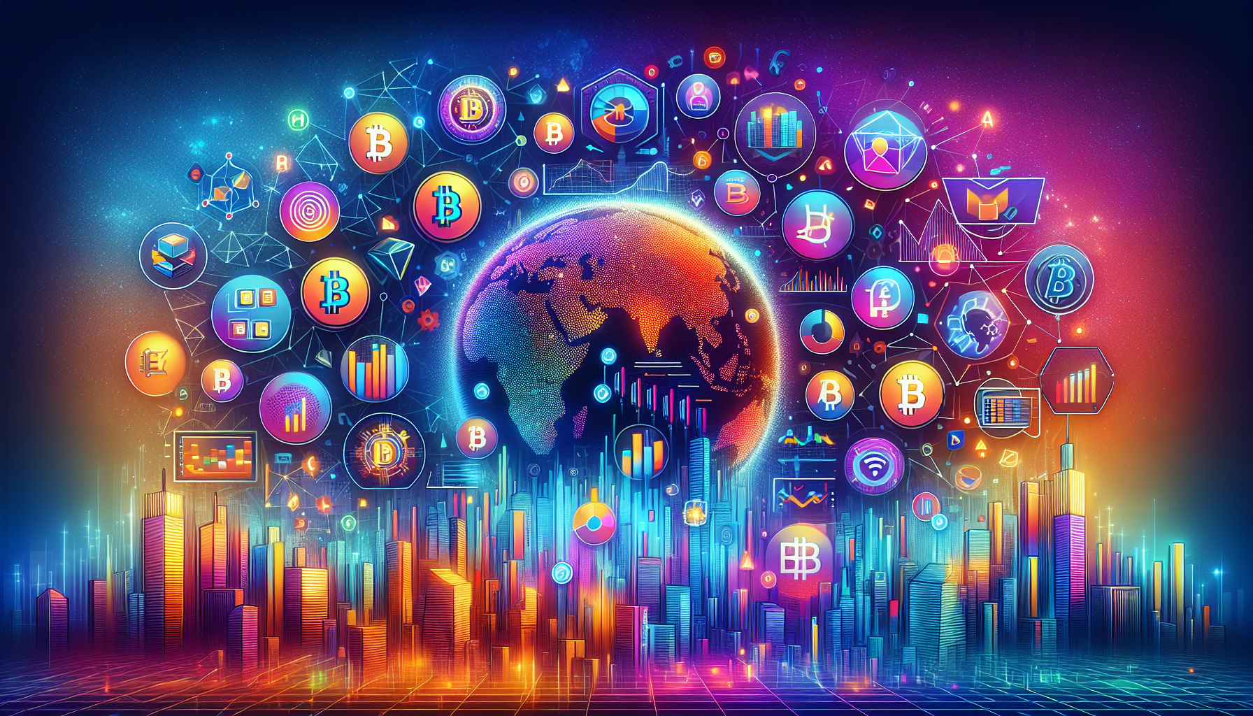 Create an image that showcases various cryptocurrency trading and investment platforms as alternatives to Coinbase. The image should depict a vibrant digital marketplace with icons or logos of popular platforms like Binance, Kraken, and Bitstamp. Each platform should have visual elements that highlight their low fees, high security ratings, and positive user feedback. The background could feature dynamic charts, graphs, and futuristic cityscape to emphasize the theme of digital trading and investments. Include the keyword coinbase alternative subtly in the design.