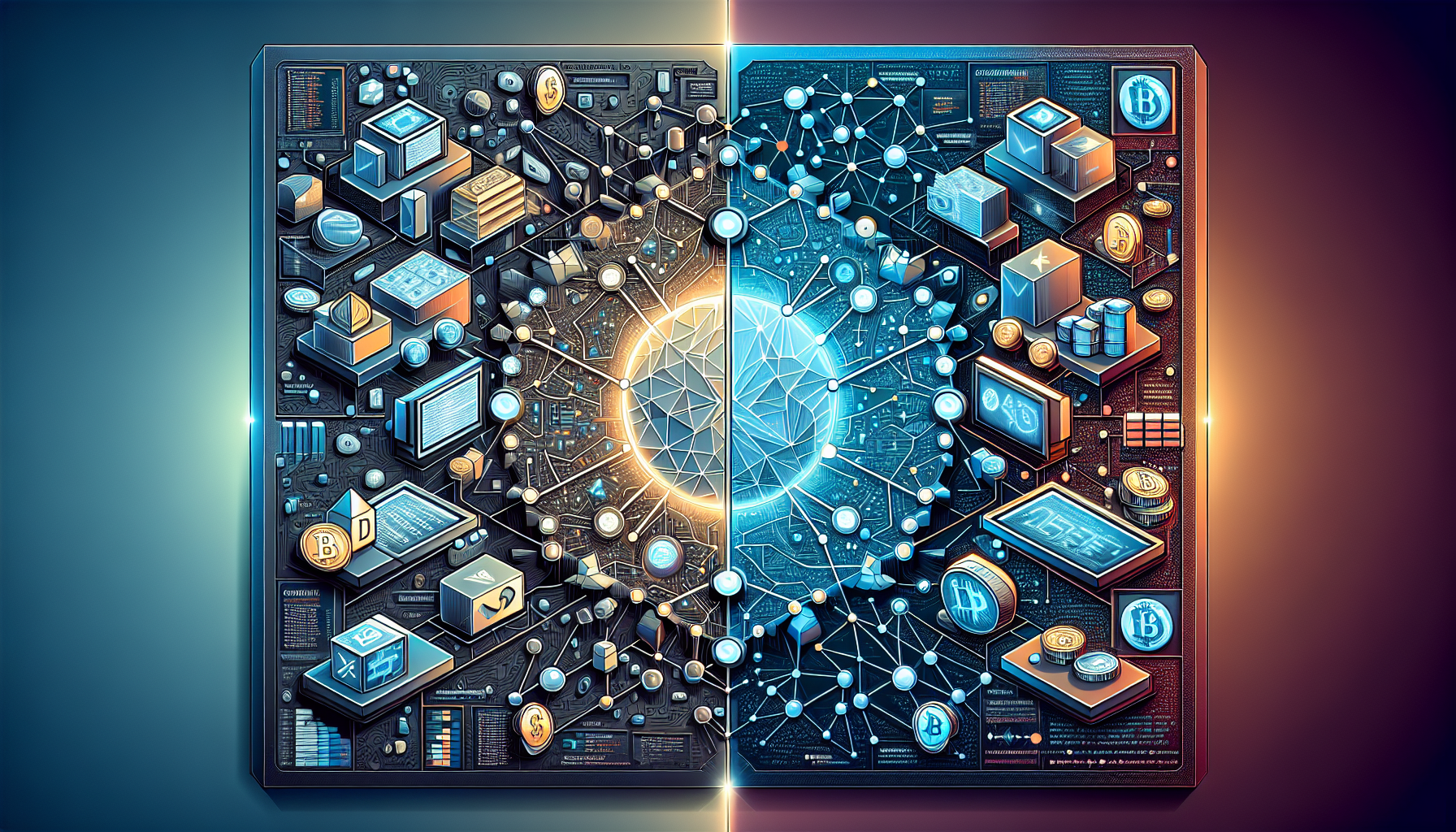 /Imagine Prompt: A detailed digital illustration portraying the landscape of cryptocurrency exchanges, both centralized and decentralized. On one side, centralized exchanges like Uniswap, PancakeSwap, and Changelly are shown with sleek, modern interfaces and security icons. On the other side, decentralized exchanges (DEX) are depicted with a web of interconnected nodes and blockchain symbols. In the middle, a comparison chart contrasts the features, benefits, and user experiences of using these Coinbase alternatives for cryptocurrency exchange. The background blends elements of digital currency symbols, code snippets, and network graphics, emphasizing the decentralized finance ecosystem.