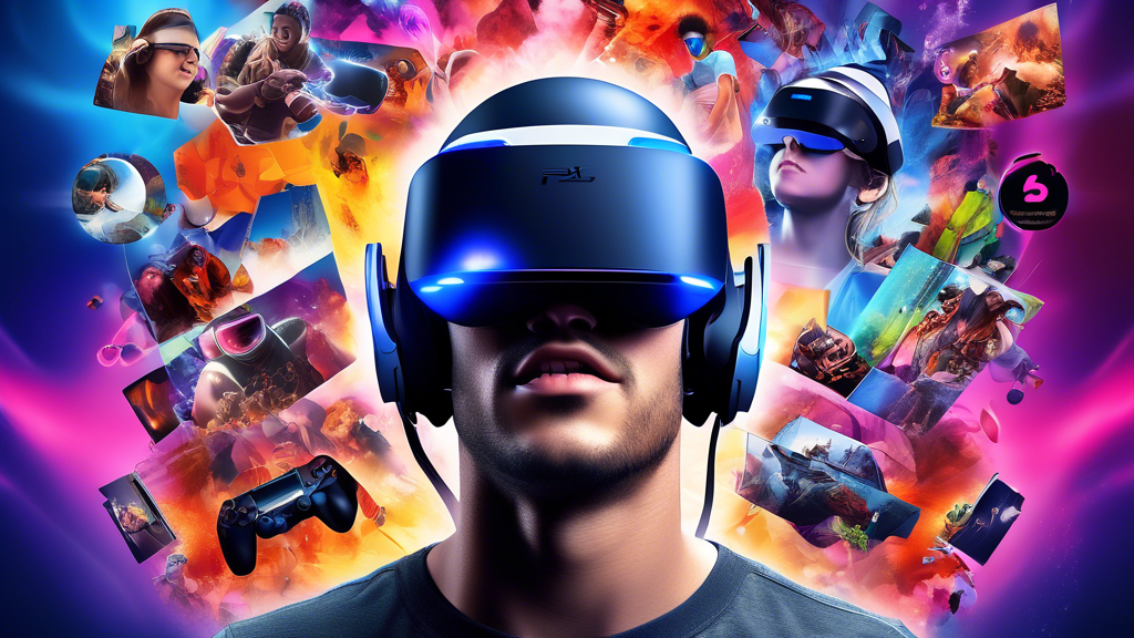 Create an image that showcases a vibrant collage of popular and underrated PS 4 VR game covers. Center the collage around a gamer wearing a PlayStation VR headset, immersed in the virtual world, with dynamic and colorful game elements surrounding them. Include a mix of action, adventure, and unique game genres, reflecting the diverse experiences that PlayStation VR offers. The background should depict a vivid, almost surreal blend of different in-game environments to capture the immersive nature of VR gaming.
