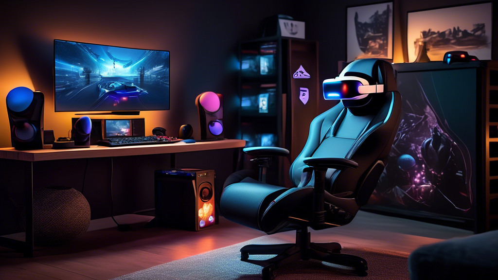 Create an image that depicts a cozy and well-organized gaming setup tailored for PS 4 VR. The setup includes a PS 4 console, VR headset, dedicated VR space with ample room for movement, and a comfortable gaming chair. Display essential calibration tools and tips on a nearby screen or poster. Include subtle elements like ambient LED lighting to enhance the immersive experience. Additionally, showcase a small notice detailing health and safety guidelines for extended VR sessions, emphasizing ergonomics and regular breaks. Style the room in a modern, sleek design that appeals to serious gamers.