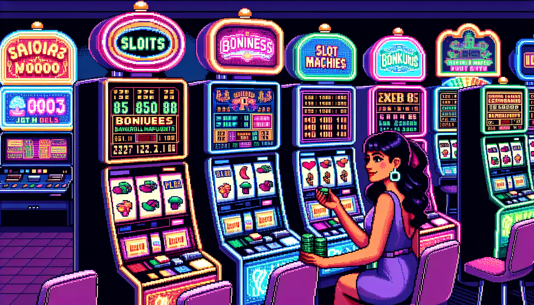 Create an image of an energized casino floor with gleaming slot machines in the foreground. The slot machines are vividly detailed, showcasing a mix of colorful, traditional, and modern themes. Emphasize a player who is confidently examining the slot machine options, representing an informed and strategic approach. The player is holding a small stack of chips and appears thoughtful, illustrating bankroll management. Highlight the slot machines that display signs of bonuses and promotions to convey the strategy of utilizing these advantages. The overall atmosphere should be dynamic and engaging, capturing the excitement of casino slots while hinting at smart, strategic play.