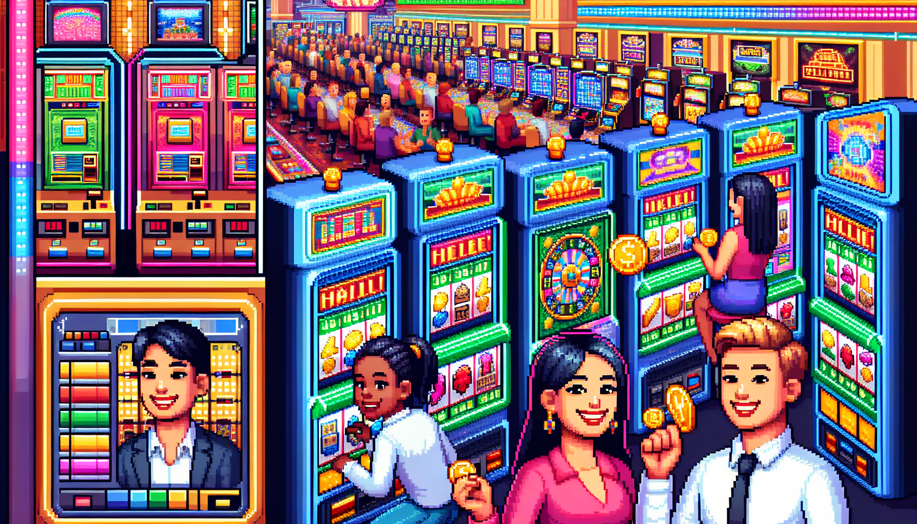 Create an image depicting a vibrant casino environment filled with colorful slot machines and cheerful players. Highlight a player thoughtfully managing their bankroll, with a text overlay that says Play Within Your Means. Nearby, show another player gracefully stepping away from a slot machine, with another text overlay stating Know When to Quit. The overall scene should emphasize a fun yet responsible gambling atmosphere.