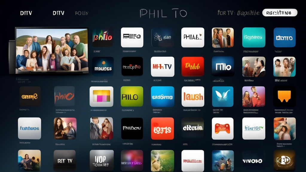 Generate an image that illustrates the core functionalities and offerings of Philo TV. Show a smart TV interface displaying a variety of channels and package options, highlighting user-friendly navigation and high streaming quality. Include elements showcasing the DVR capabilities, with icons indicating recording and storage features. Use a modern and clean visual style to emphasize the technological aspects.