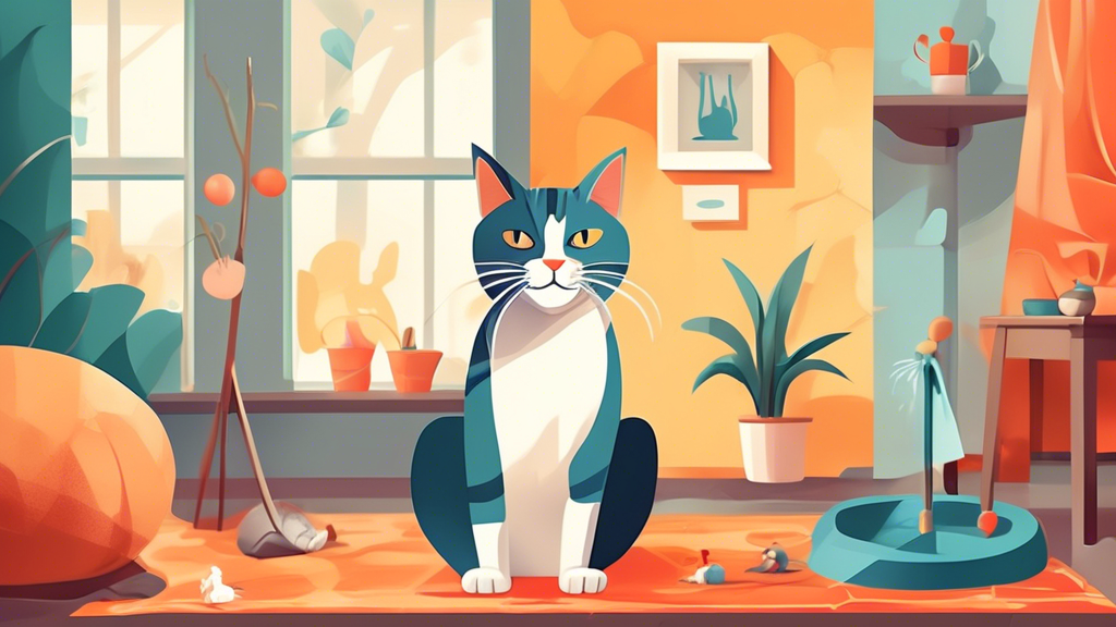 Create an image of a fixed male cat in a cozy home environment, engaging in positive behaviors such as using a scratching post or playing with toys to deter him from spraying indoors. Showcase a calming, pet-friendly atmosphere that promotes healthy behavior for the cat.