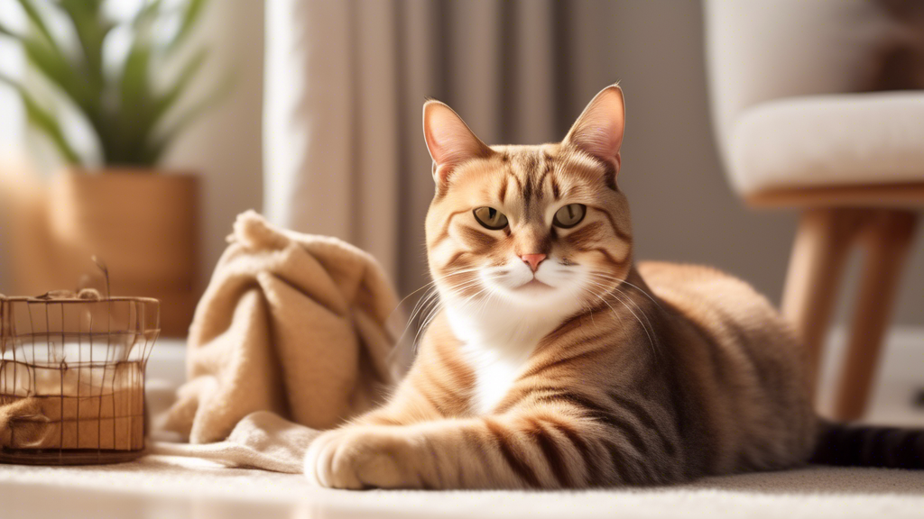 Create an image of a cozy and cat-friendly home environment, with elements such as cat trees, scratching posts, and toys scattered around. In the corner, a happy fixed male cat is peacefully lounging, showcasing content body language. The scene should evoke a sense of calm and comfort, emphasizing the importance of creating a stress-free environment for cats to prevent spraying behavior.