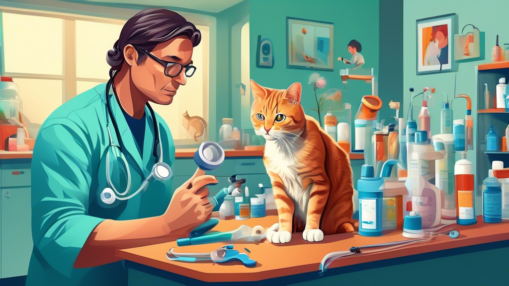 Create an image of a veterinarian examining a fixed male cat that is spraying in the house, with various medical intervention options like medication or surgery displayed in the background.