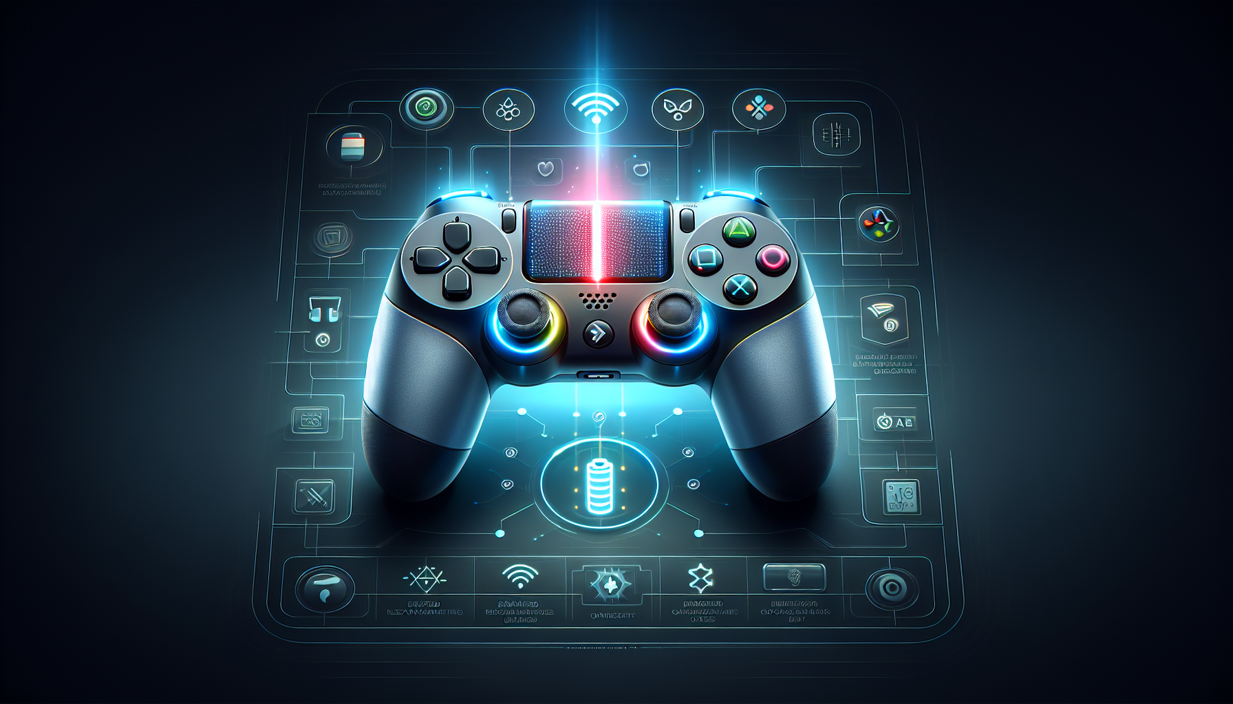 Create an image of a sleek, modern DualShock 4 V2 controller with glowing highlights on its enhanced buttons and analog sticks to showcase their improved responsiveness and accuracy. In the background, include elements that represent its various features: a radiant light bar, an advanced touchpad, and symbols of wireless and wired connectivity. Additionally, depict an icon or a subtle visual hint of a battery to allude to the update in battery performance.
