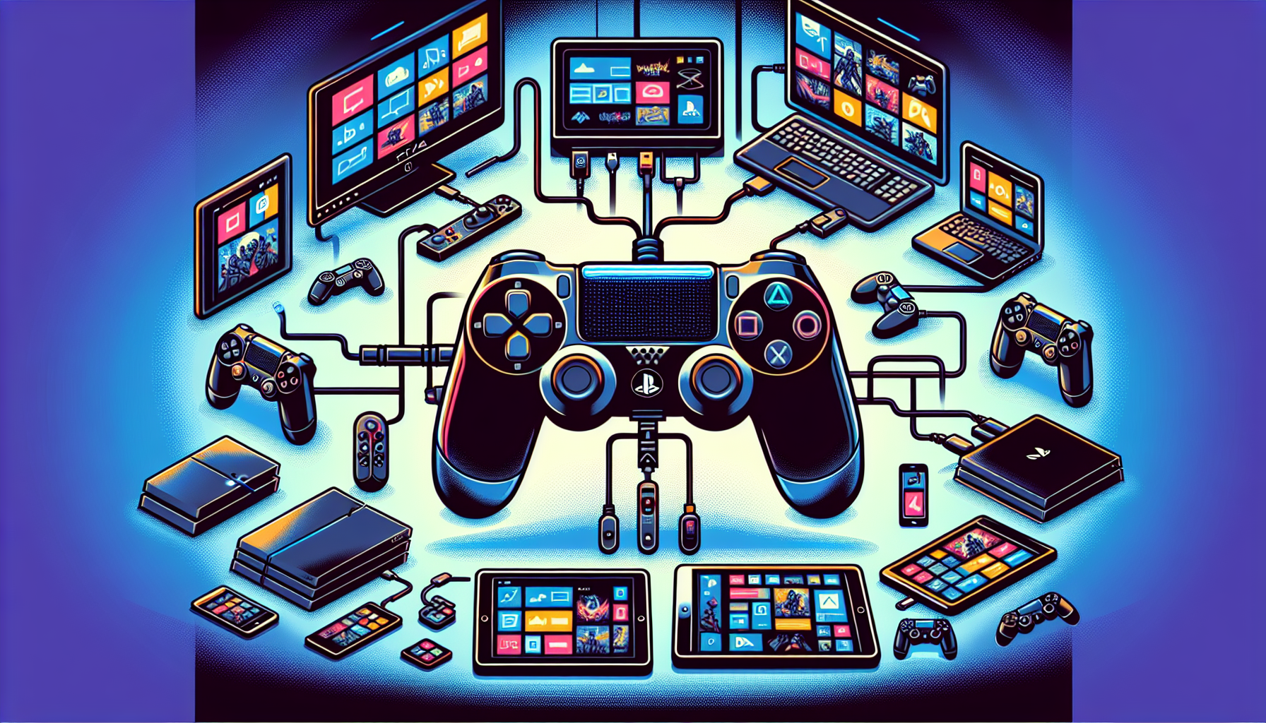 Create an image showcasing the DualShock 4 V2 controller connected to multiple devices. Display the controller seamlessly integrated with a PlayStation 4 in a gaming setup, being used with a PlayStation 5 in another corner, connected to a PC monitor, and paired with a tablet and a smartphone. Highlight the versatility and compatibility of the DualShock 4 V2 across these different platforms, with each device powered on and showing a different game or application in use.