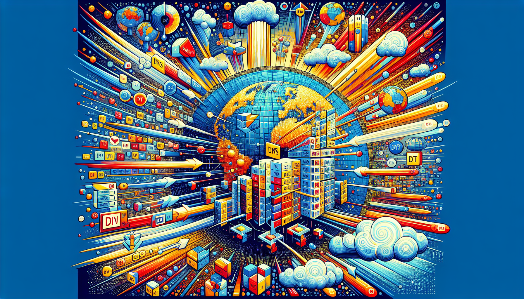 Create an image prompt for DALL-E based on the second outline point:

Create a vibrant and detailed digital illustration of the technical process behind DNS TV. The image should depict the step-by-step setup and delivery of DNS TV streaming, showcasing interactions between DNS servers and content delivery networks (CDNs). Emphasize benefits such as speed, reliability, and global accessibility by incorporating elements like fast-moving data streams, a globe with multiple access points, and high-definition screens displaying various international content.