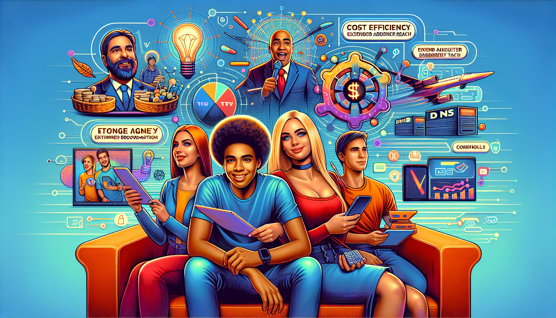 A visually engaging digital illustration depicting the key benefits and future prospects of DNS TV. Show a diverse group of consumers enjoying high-quality streaming of international content on various devices like smart TVs, tablets, and smartphones. Highlight the positive impact on broadcasters and content creators by including icons of cost efficiency, expanded audience reach, and modern broadcasting tools. In the background, incorporate futuristic elements like AI, cloud computing, and advanced networking to symbolize technological advancements shaping the future of DNS TV.